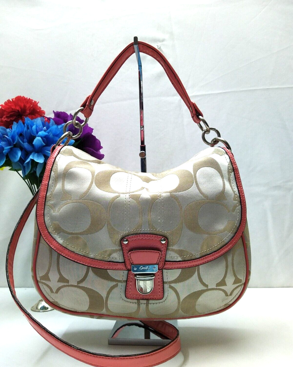 Coach Signature Beige Canvas Pink Leather Trim Push Lock Crossbody Bag